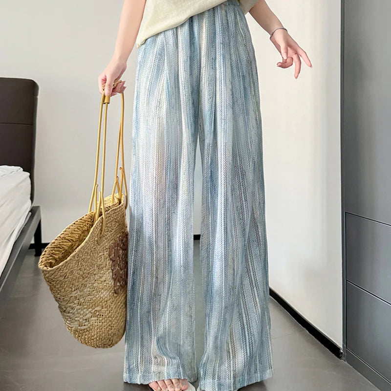 Hnewly  Dye Print Harajuku Casual Streetwear Pleated Straight Wide Leg Trousers Female Summer Fashion Loose Thin Pants Women Clothes