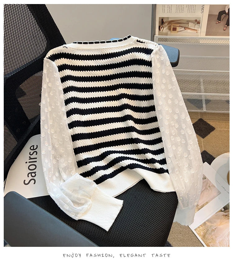 Hnewly  Striped knitted Sweater For Women's Spring Autumn French Elegant Round Neck Long Sleeved Patchwork Chiffon Loose All-Matched Top