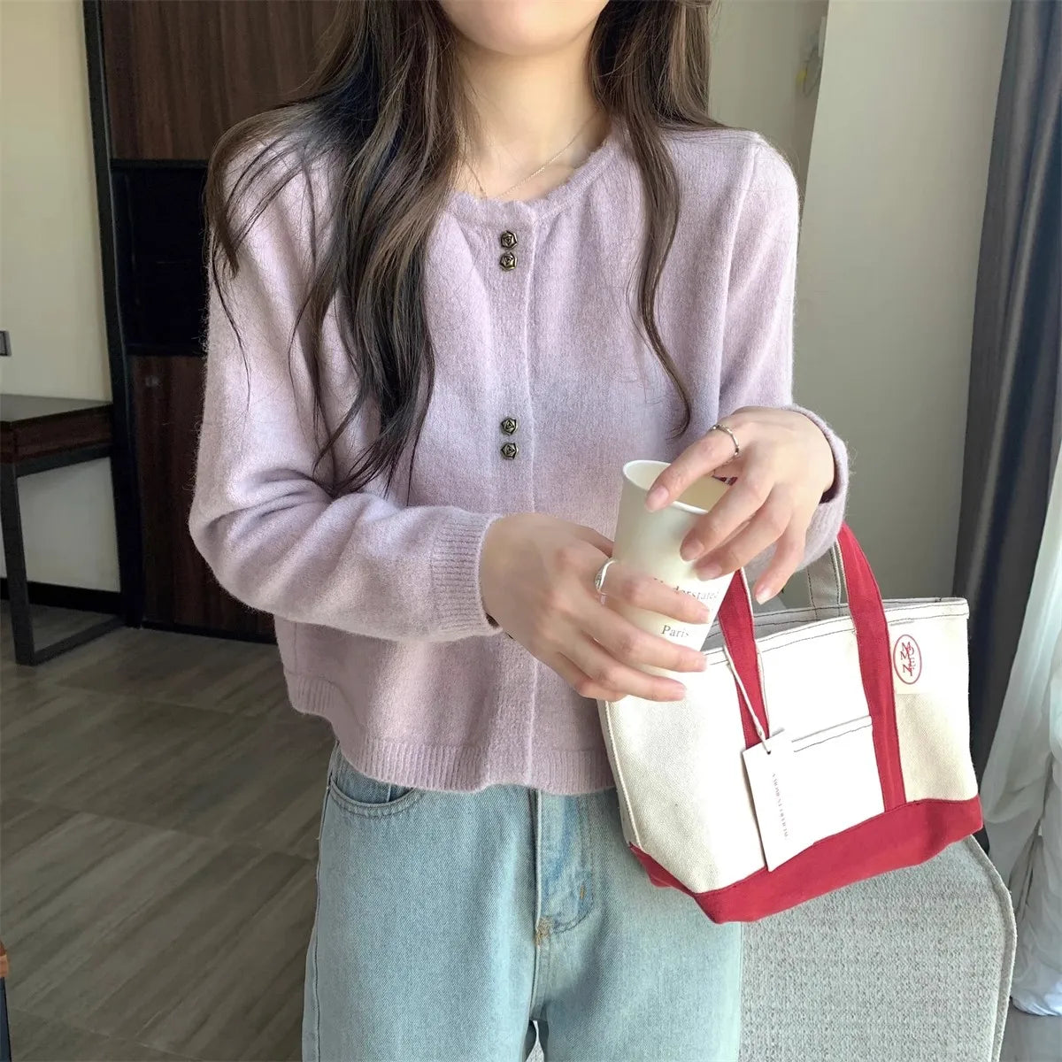 Hnewly  Sweet Short Hollowed Out Sweater Chic Buttons Long Sleeved Knitted  Cardigan Jacket Korean series Round Neck Loose Top