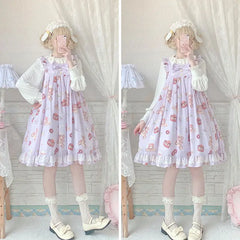 Hnewly  Kawaii Sweet Loose Lolita Print Dress Women's Summer Design Sling Bow Lace Lovely Dresses Female Fashion Pretty A-line Dresses
