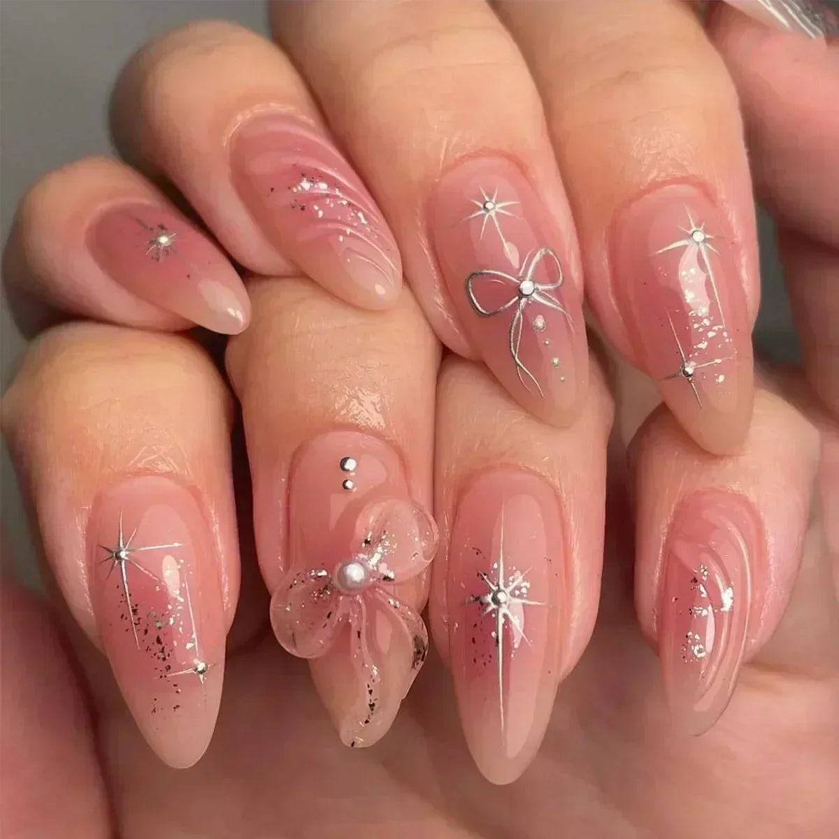 Hnewly 24Pcs White Almond False Nails Ballet with French Design Wearable Fake Nails Gradient Simple Full Cover Press on Nail Tips Art