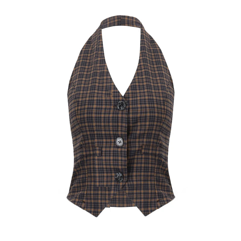 Hnewly Plaid Print Vintage V-neck Buttons Retro Casual Halter Crop Top Y2K Summer Daily Sweet Cute Outdoor New All-Match Vest