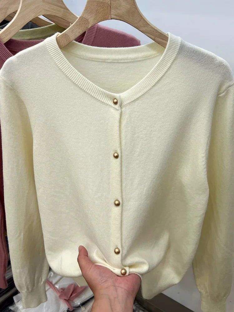 Hnewly  Gold Button Long Sleeve Sweaters Cardigan for Women Spring Autumn O-Neck Button-up Knit Jacket Tops Knitwear Basic Tops