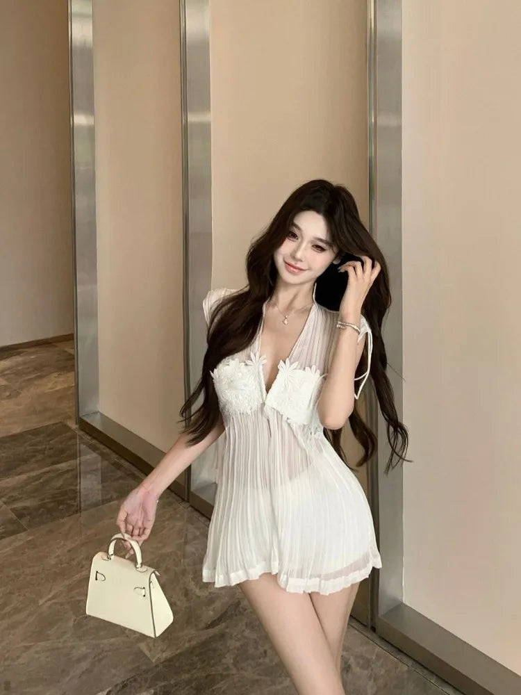 Hnewly  Shirts Women Flowers Sleeveless V Neck Loose See Through Summer Fashion Elegant Blouse Female Casual Tops Sexy Chic