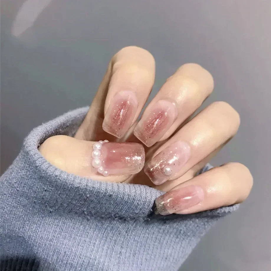 Hnewly 24Pcs False Nails French Gradient Ballet Fake Nails Press on Nails Black Heart Rhinestone Design Glitter Full Cover Nail Tips