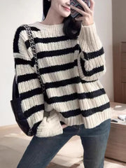 Hnewly  Striped Crew Neck Sweater Women Pullovers Long Sleeve Crewneck Knitted Jumper Ladies Fall Winter Casual Outfit