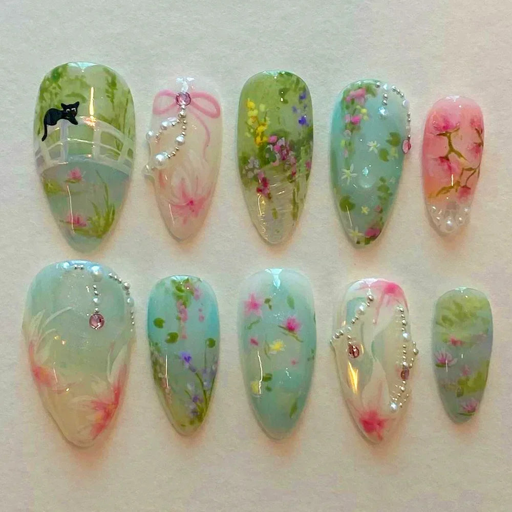 Hnewly 24Pcs White Almond False Nails Ballet with French Design Wearable Fake Nails Gradient Simple Full Cover Press on Nail Tips Art
