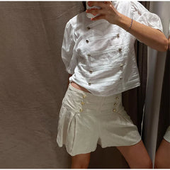 Hnewly  Chic Pullover Women's Shirts Short Puff Sleeve O-Neck Buttons Solid Blouse Summer Autumn Fashion Female All-Match Top