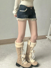 Hnewly Casual Sweet Fur Trim Denim Shorts Korean Style Cute Basic Slim Low-Waisted Shorts Women Winter Fashion Streetwear