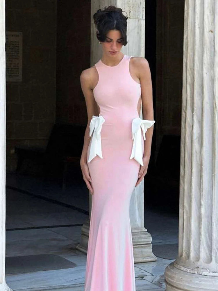 Hnewly  Bow Backless Dress Women Simple Casual Solid Slim Draped Sleeveless Sexy Elegant Midnight Clubwear Party Vestidos