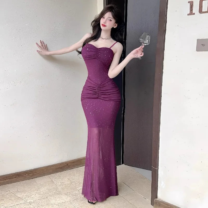 Hnewly  Women Dresses Sleeveless Mesh Patchwork Elegant Slash Neck Sexy Fashion Mermaid Dress Party Female French Style