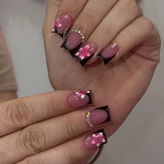 Hnewly Black French Style Fake Nails Charms Pink Flower Designs Square Head Press on Nails Women Girls Detachable False Nails Tips