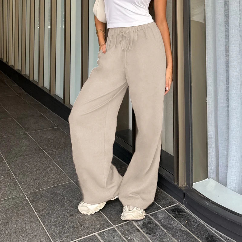 Hnewly Cotton Linen Drawstring Straight-leg Pants Coquette Y2K Aesthetics  Wide Leg Trousers Fashion Solid Harajuku Women