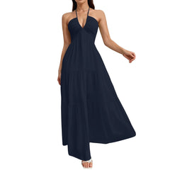 Hnewly  Ladies' Korean Style Temperment Sexy High Waist Maxi Sling Dress Chic Solid Color V-neck Beach Pleated Long A-line Skirt
