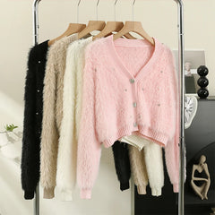 Hnewly  Heart Button Plush Soft Sweater Coat Autumn/Winter New Women's Fashion Shiny Diamond V-Neck Short Knitted Cardigan Top