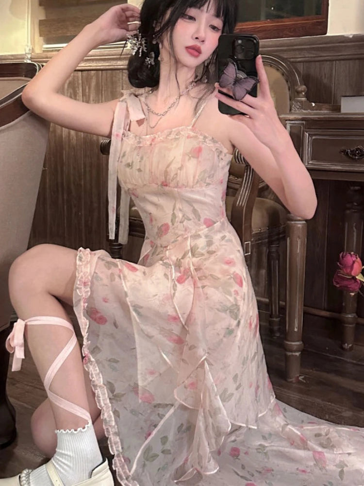Hnewly French Elegant Fairy Print Dress Women Casual Even Party Irregular Sleeveless Midi Dress Female Vintage Y2k Floral Summer
