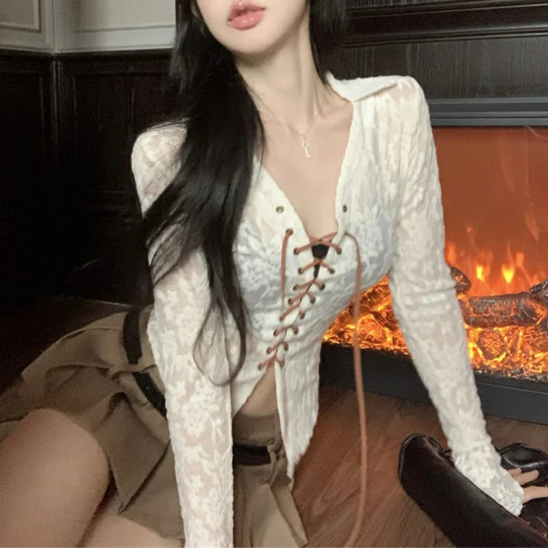 Hnewly Fairycore Shirt Lace Tops Women Aesthetic Clothes Sheer V-Neck Turn-Down Collar Cross Tie-Up Blouses 2000s Streetwear