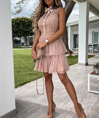 Hnewly  Intellectual Style Mini Dresses for Women Summer Slim Fit Round Neck Lace Patchwork Mesh Sleeveless Dress with Inner Lining