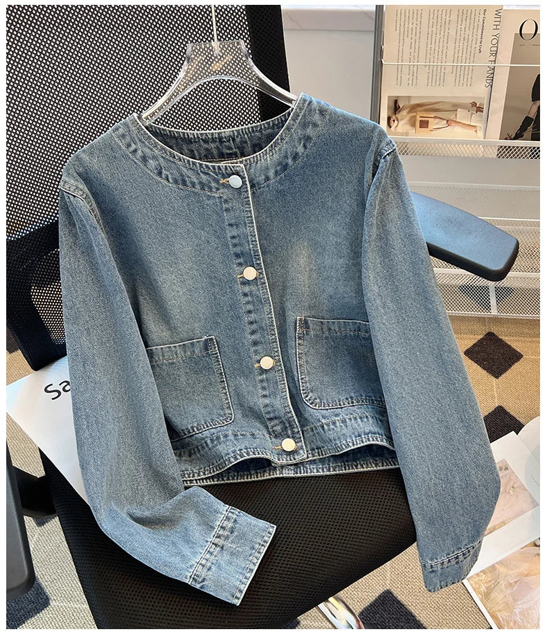 Hnewly  Light Blue Retro Denim Jacket Women's Spring Single Breasted Loose Cardigan Short Top Autumn O-Neck Long Sleeve All-Matched Top