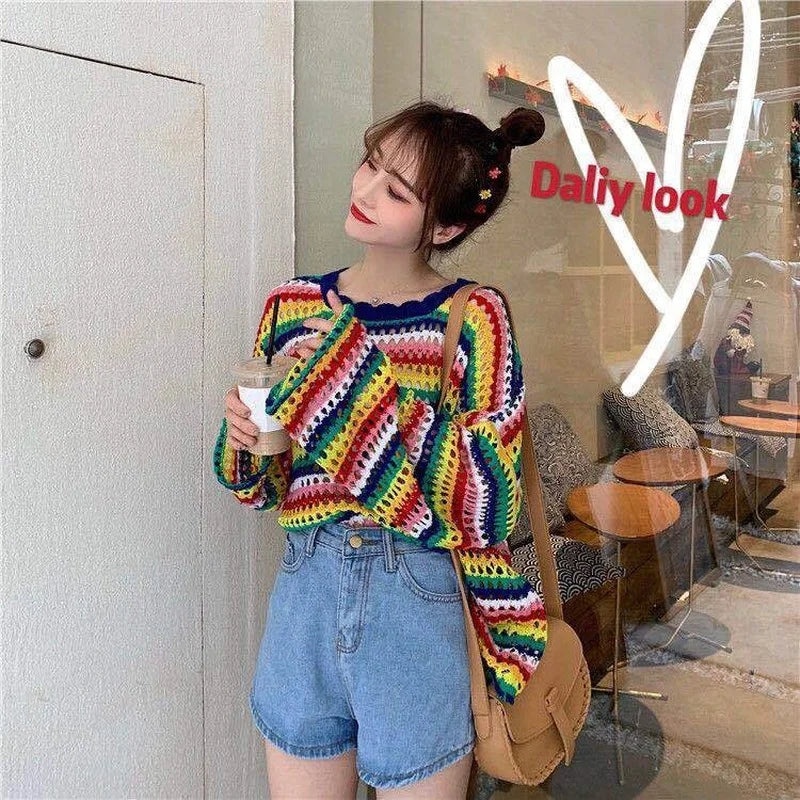 Hnewly Rainbow Ladies Sweater Kawaii Tops with Headings Harajuku Crochet Knitted Sweaters for Women Cute Cashmere Autumn Trend New