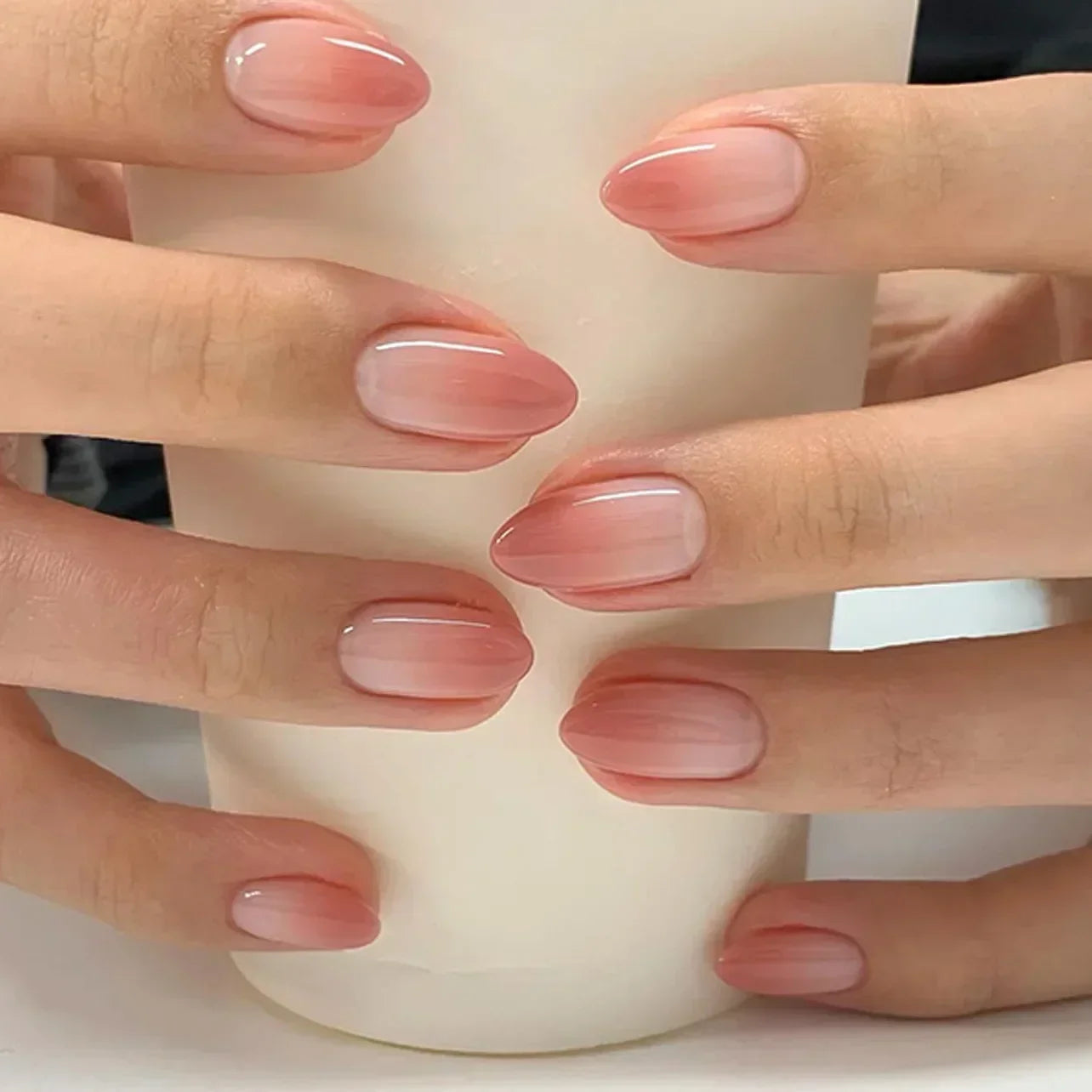 Hnewly 24pcs/Box Long Coffin False Nails Art Rose with Glue Wearable Nude Pink White Color Jelly Nails Tips Full Cover Press On Nails