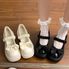 Hnewly  Women Summer Thick Sole Mary Jane Leather Shoes Platform Chunky Heel High Heel Bow French Japanese JK Academic College Slip On