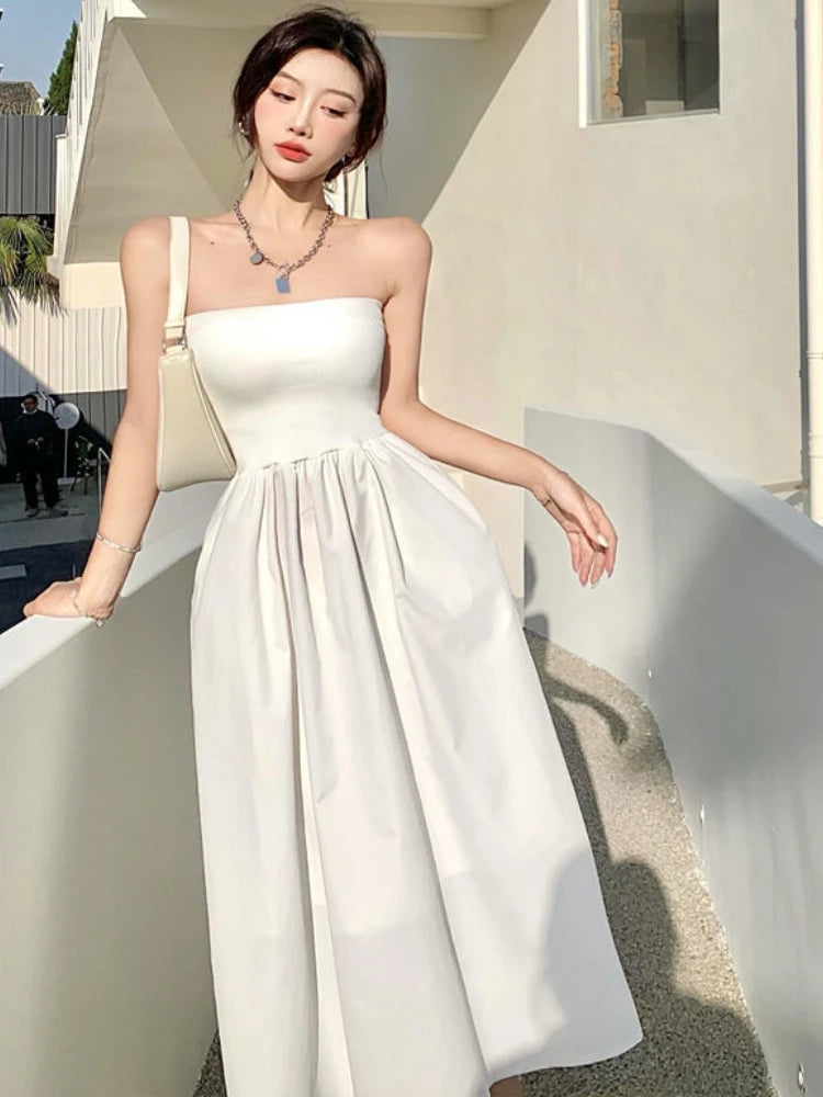Hnewly Dresses Women Design Simple Elegant Strapless Charming Streetwear Classic Solid Prevalent Vacation Ladies A-line European Style