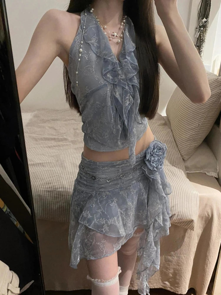 Hnewly Summer Two Pieces Set Summer Halter Print Slim Sweet Ruffled Vest + Women Y2k Aesthetic Streetwear 3D Flower Grunge Mini Skirts