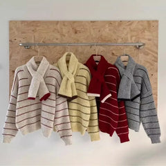 Hnewly  Women's Striped Sweater with Scarf Chunky Knit Loose-fit V-Neck Pullover Striped Jumper Ladies Autumn Winter Classic Chic Outfit