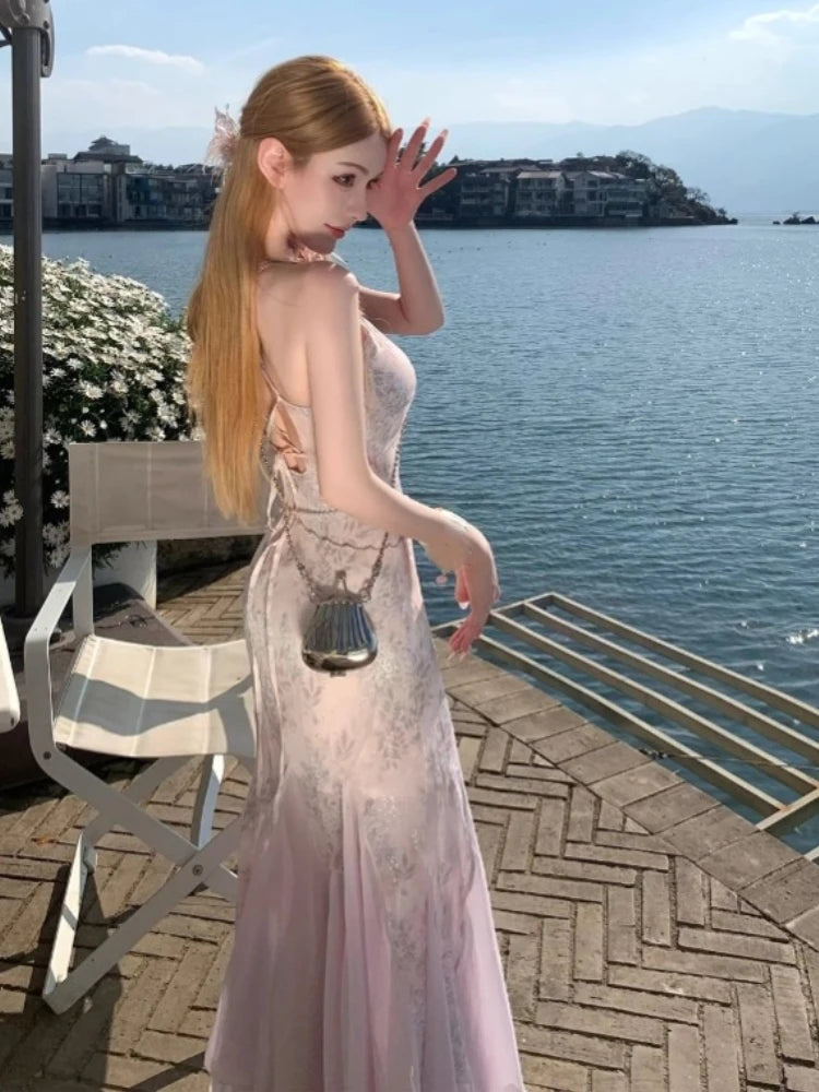 Hnewly French Vintage Y2k Elegant Boho Midi Dress Female Slim Sexy Lace Print Camisole Long Dress Sequin High Waist Dresses Even Party