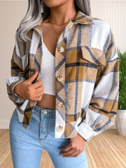 Hnewly  Womens Fashion Crop Button Down Flannel Plaid Shirt Shacket Jacket Top Coat