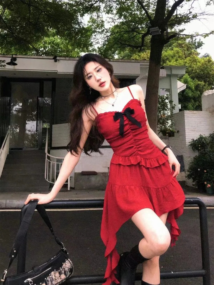 Hnewly  Sweet Ruffles Slim Waist Camisole Dress for Women+ Y2k Thin Long Sleeve Cardigan Coat Two Piece Sets 2025 Summer New