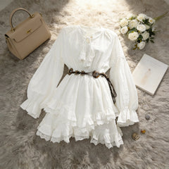 Hnewly  French Holiday Style Sweet Lace Dress Women's Long Sleeve Waist Cinched Slimming Irregular Skirt High Waist V-neck Knitted Fa...