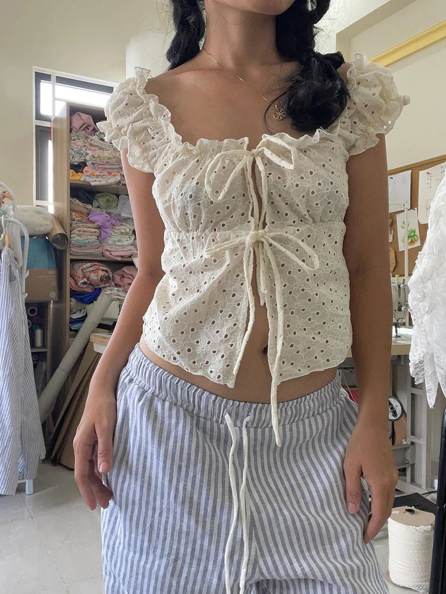 Hnewly y2k Tank Top Women Coquette Clothes Ruffle Trim Hollow Out Square Neck Sleeveless Tie Up T Shirt 2000s Vest Streetwear