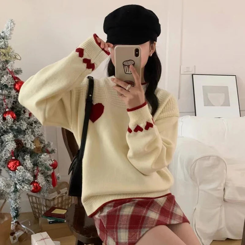 Hnewly y2k Sweaters Women Christmas Clothes Heart Print Round Neck Long Sleeve Knitted Pullover Tops 2000s Aesthetic Clothing