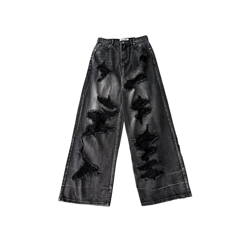Hnewly Women's Distressed Design Wide Leg Hole Jeans Summer New Street Unisex Style Trousers Loose High Waist Straight Denim Pants