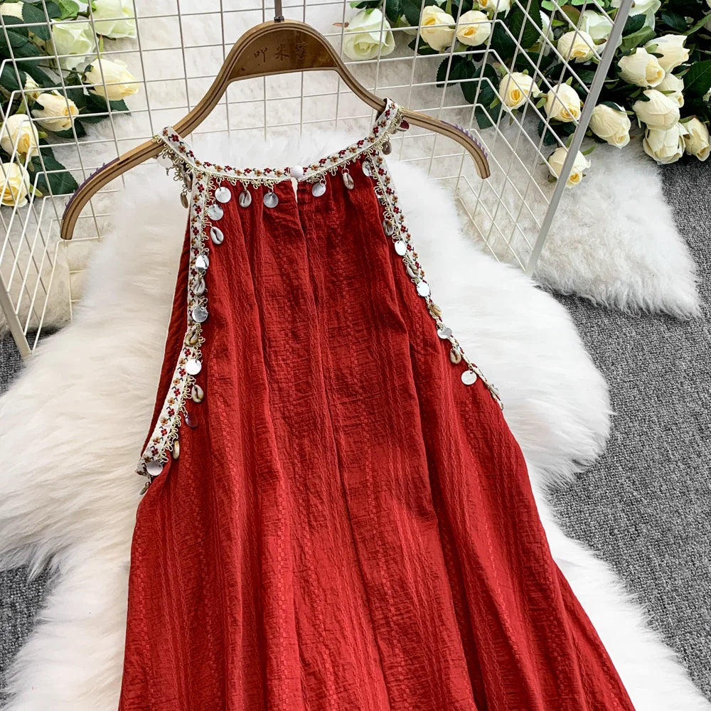 Hnewly  Bohemian Vacation Style Red Dress Design Sense Tassel Irregular Loose Dresses French Style High-end  Sleeveless Long Dress