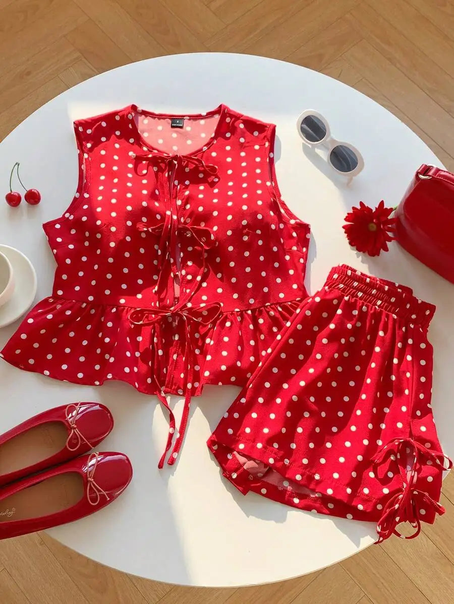 Hnewly  Red Plaid Lace-Up Camisole And Shorts Set For Women