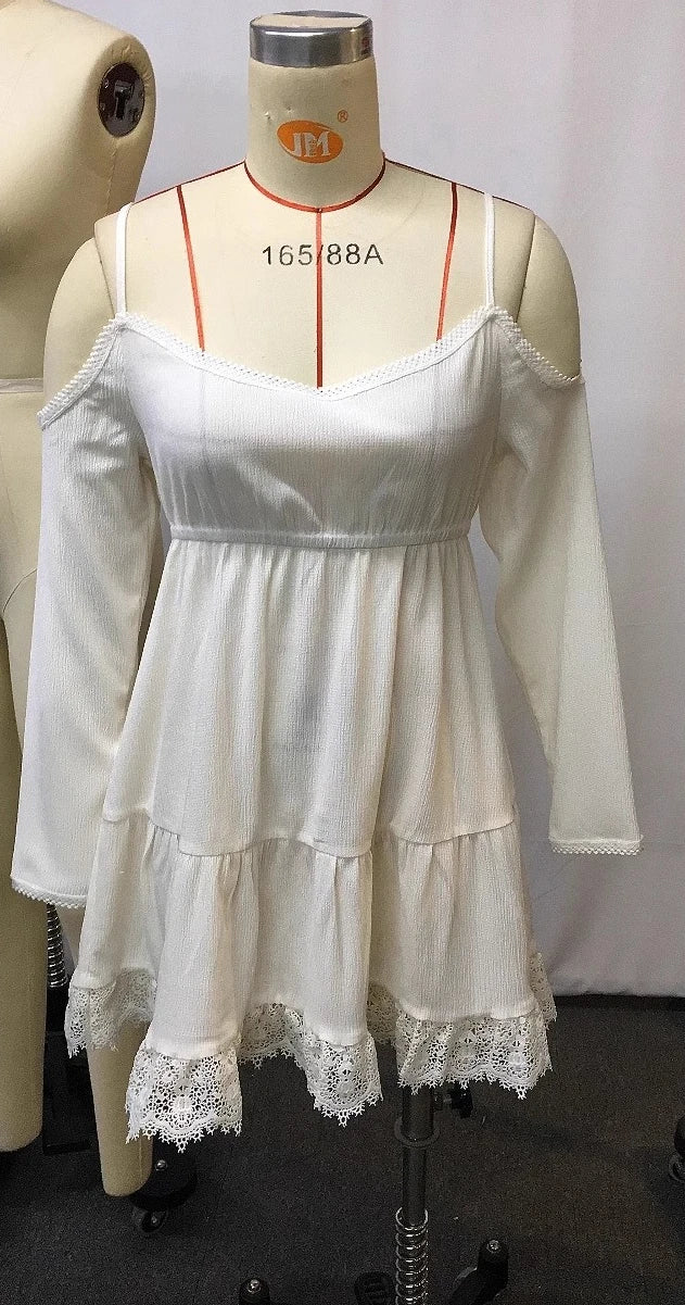 Hnewly  Retro Women's Summer Long Sleeve White Mini Dress Casual Long Sleeve Sundress Sexy Slim Spaghetti Strap Vestidos De Mujer