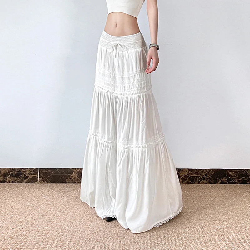 Hnewly Elegant Lace Stitching Long Skirt Holiday Oversized Loose Low Rise White Floor-Length Skirts for Women y2k Fairycore Lady