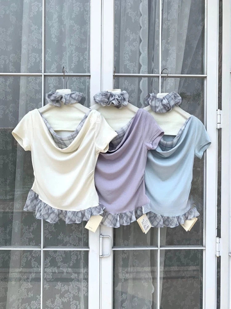 Hnewly  T Shirts Women Plaid Patchwork Swinging Collar Off Shoulder Ruffles Short Sleeve Summer Fashion Sweet Tops Casual Tshirt