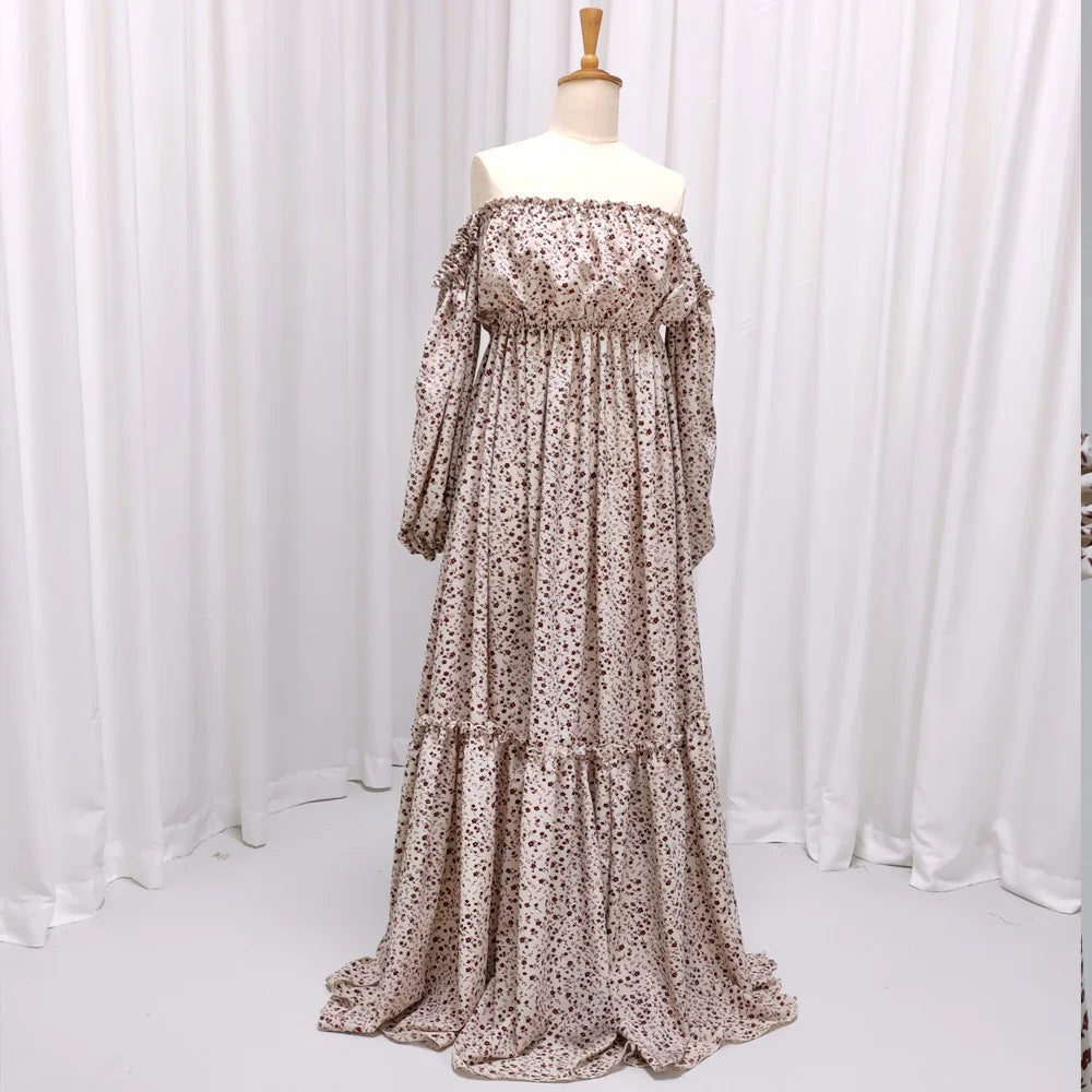 Hnewly  Bohemian Photo Shooting Pregnancy Dress Off Shoulder Long Sleeved Floral Dress For Women Maternity Dress For Photo Shoot