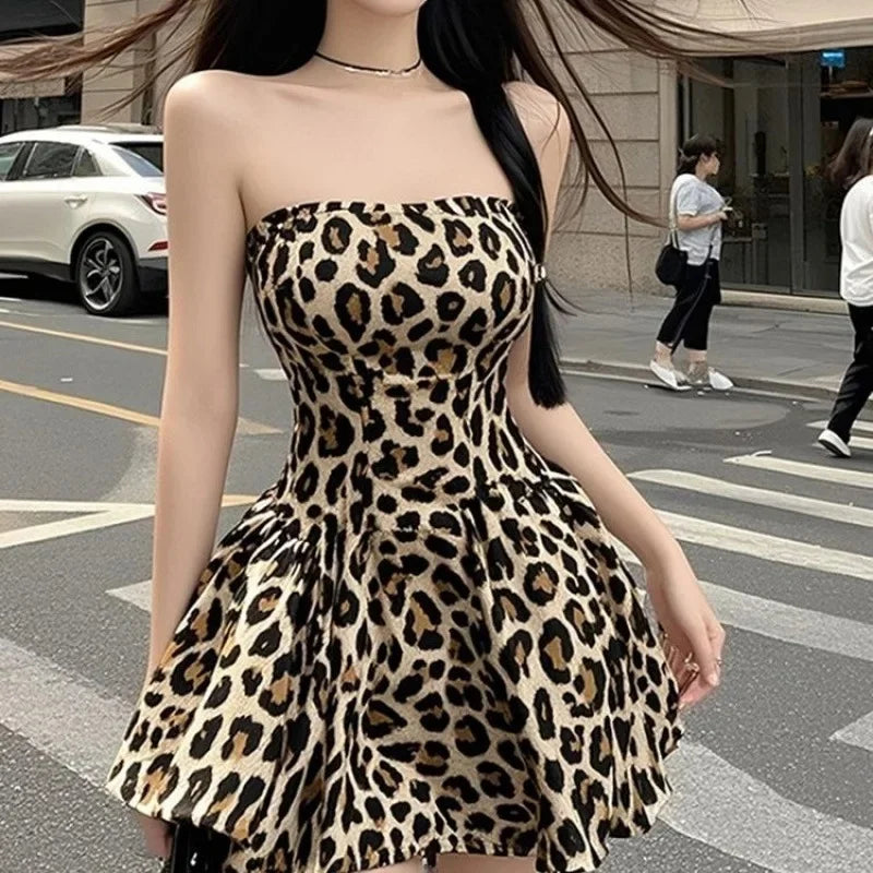 Hnewly Sexy Leopard Print Mini Dress Ladies Summer Fashion Backless Tube Top Skirts Y2K Streetwear Slim Night Party Vestidos Female