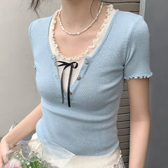 Hnewly  Fashion Bow Knot Design O-Neck Spicy Girl Top Streetwear Patchwork Slim Tees for Women Summer New Flared Sleeve Blouse Ladies