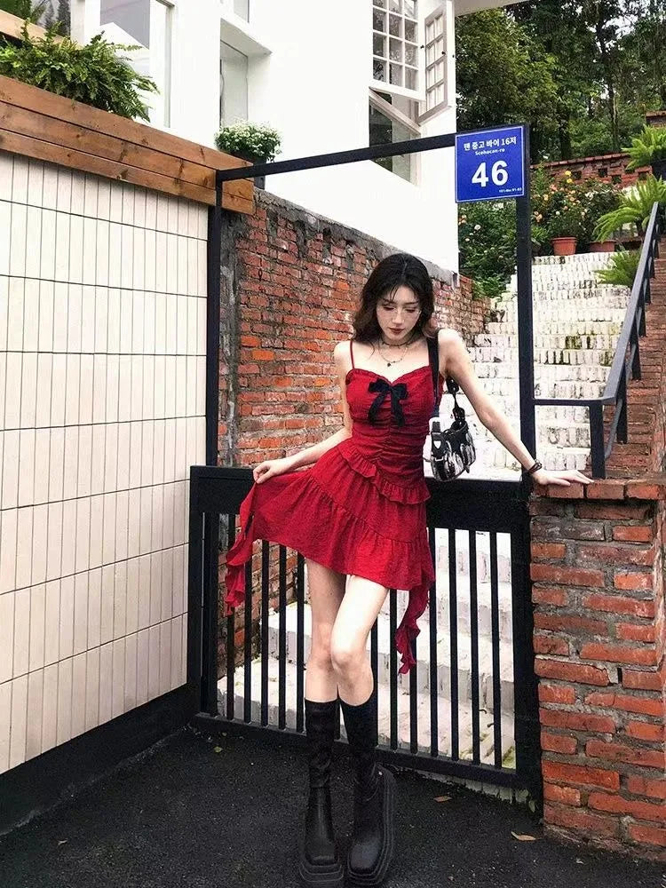 Hnewly  Sweet Ruffles Slim Waist Camisole Dress for Women+ Y2k Thin Long Sleeve Cardigan Coat Two Piece Sets 2025 Summer New