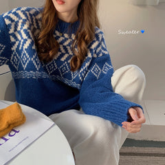 Hnewly  Fair Isle Sweater for Women Thick Knit Geometric Crew Neck Pullover Sweater Warm Knitwear Autumn Winter Grandpa Vintage Outfit
