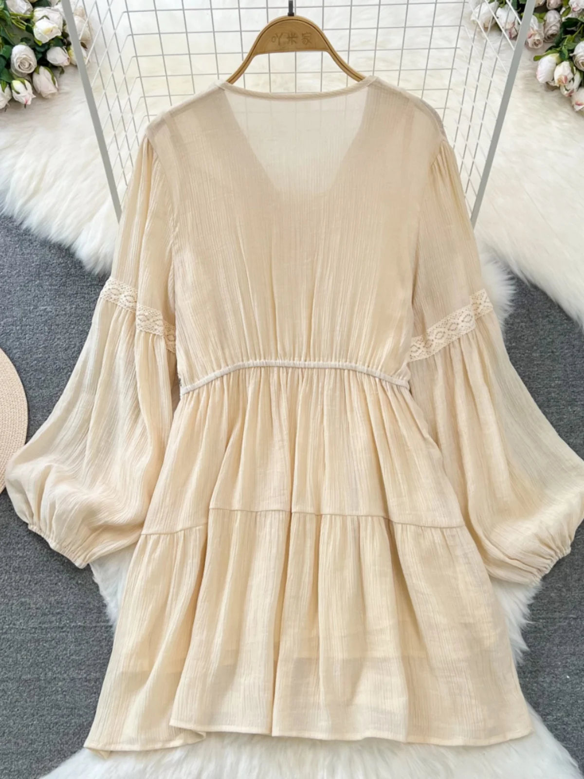 Hnewly  Tassel Patchwork V-neck Vacation Dress Sweet Lantern Sleeves Loose Mid Length A-line Dresses Elegant Embroidery Beach Vestido
