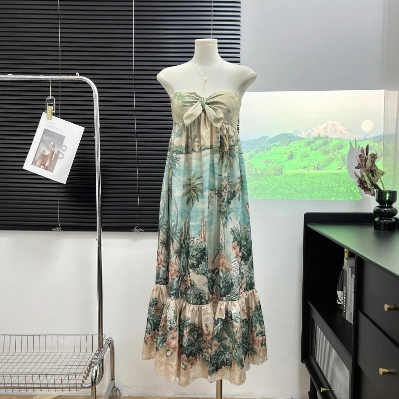 Hnewly Beach Boho Floral Midi Dress Women Casual Y2k Clothing Bodycon Sexy Dress Even Party One Piece Dress Korean Fashion Sleeveless