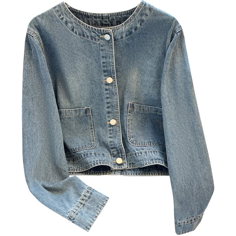 Hnewly  Light Blue Retro Denim Jacket Women's Spring Single Breasted Loose Cardigan Short Top Autumn O-Neck Long Sleeve All-Matched Top