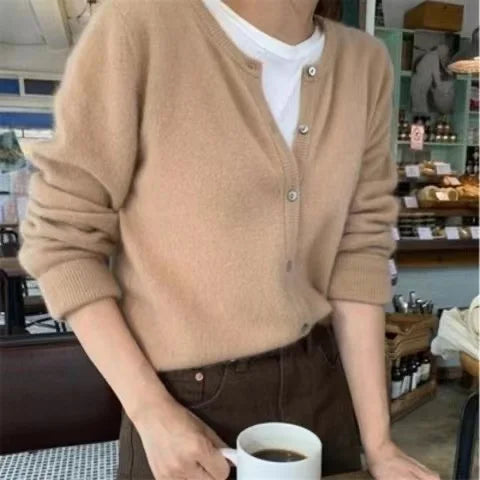 Hnewly Cold Weather Outfits Fall Solid Color Knitted Cardigan Women Korean Single Breasted Long Sleeve Jumper Woman Round Neck All Match Sweater Outwear Top